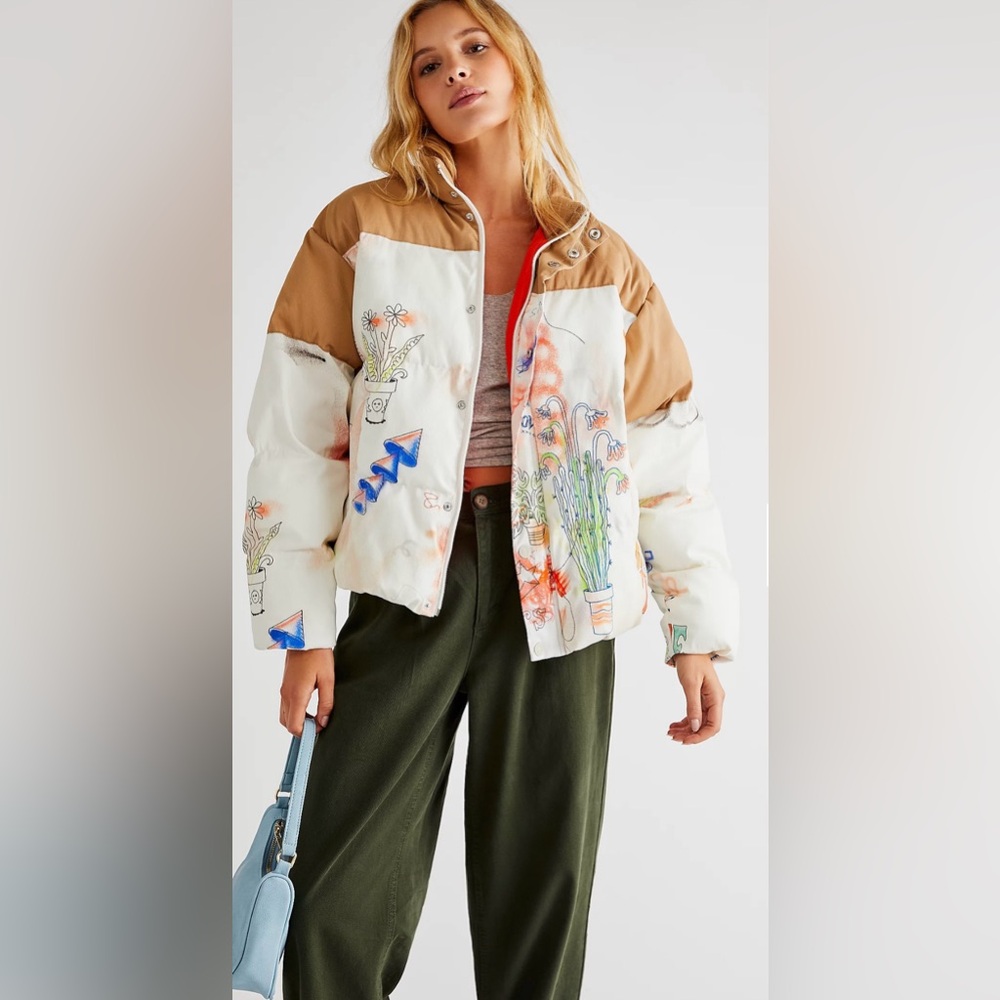 MOTHER White & Tan Printed Puffer Jacket